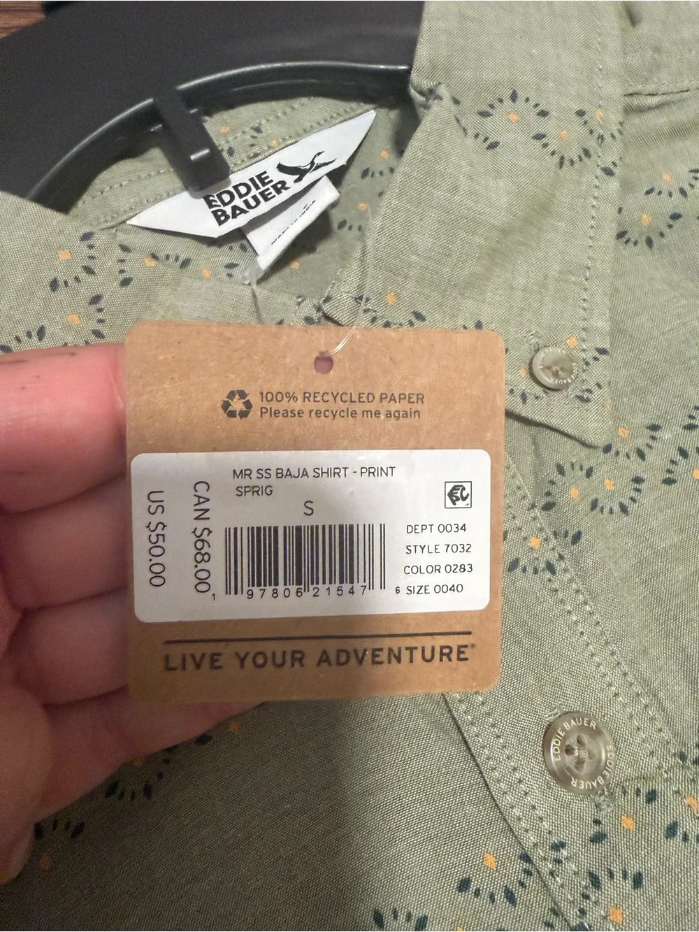 Eddie Bauer Men's Baja Short-Sleeve Print Shirt in the color Dusty Sage S NEW